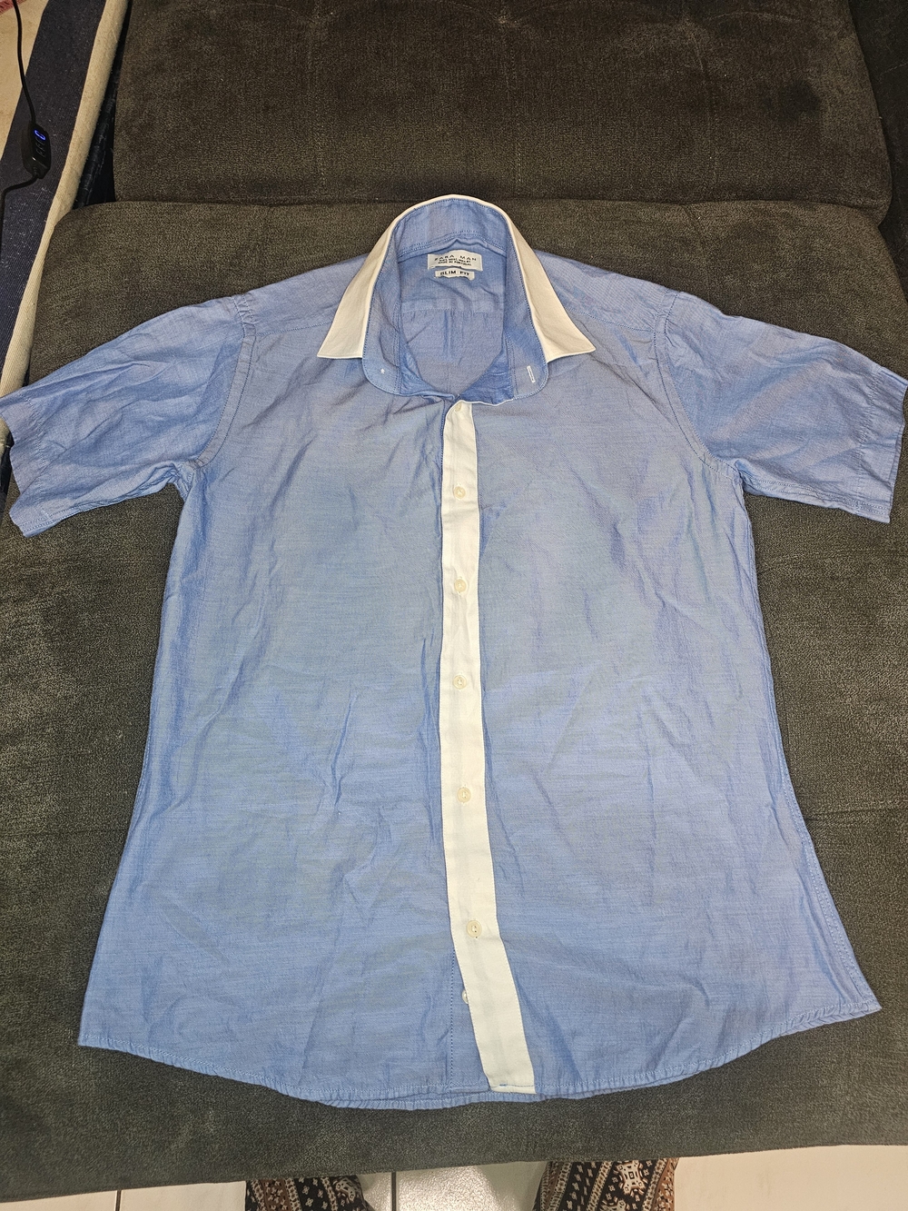 Zara Sky Blue Short-Sleeve Button-Down with White Trim